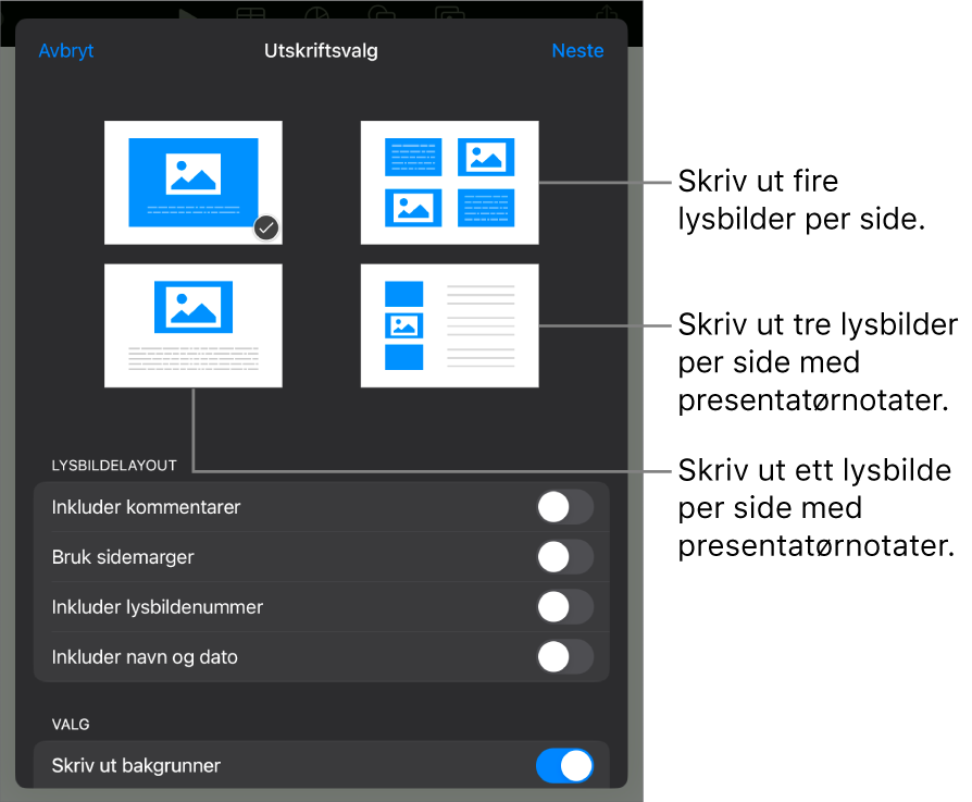Valg for utskriftslayout.