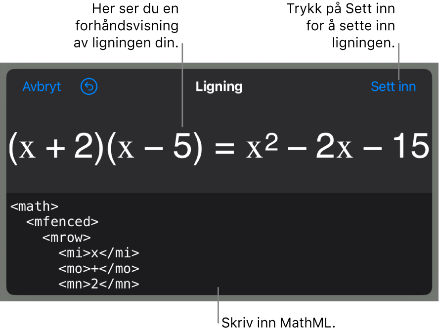 Ligning-dialogruten, som viser en formel skrevet med MathML-kommandoer, og en forhåndsvisning av formelen ovenfor.