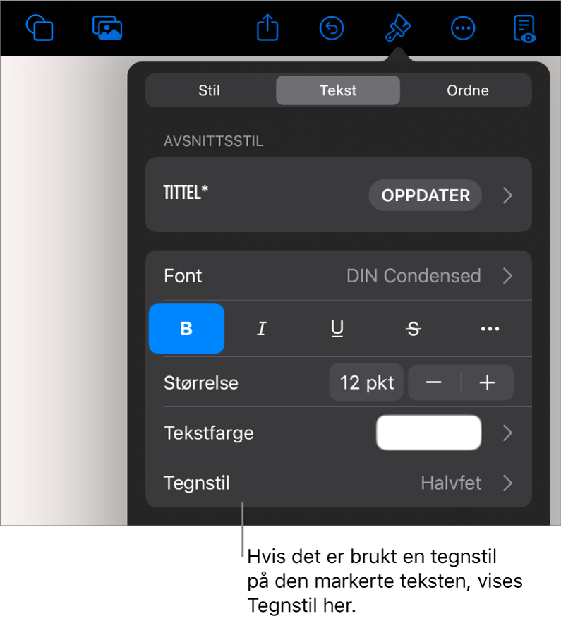 Tekstformateringskontrollene med Tegnstil under Farge-kontrollene. Tegnstilen Ingen vises med en stjerne.