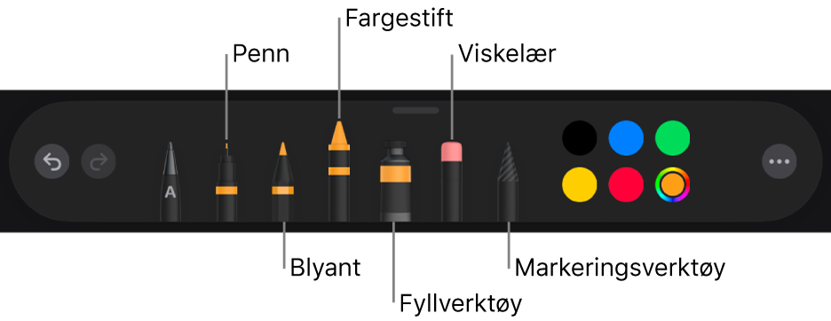 Tegneverktøylinjen med en penn, blyant, fargestift, fyllverktøy, viskelær, markeringsverktøy og fargefelt som viser den gjeldende fargen.