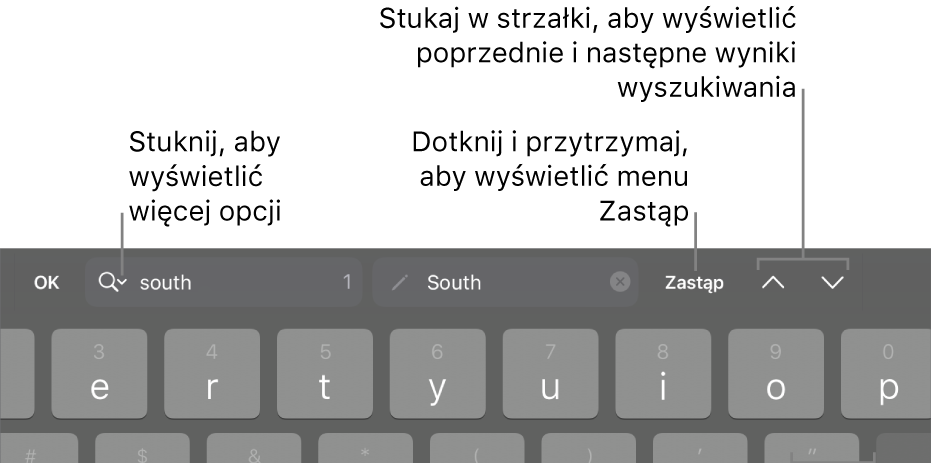 Narzędzia Znajdź i zastąp nad klawiaturą. Objaśnienia wskazują przyciski Opcje wyszukiwania, Zastąp, Do góry oraz W dół.