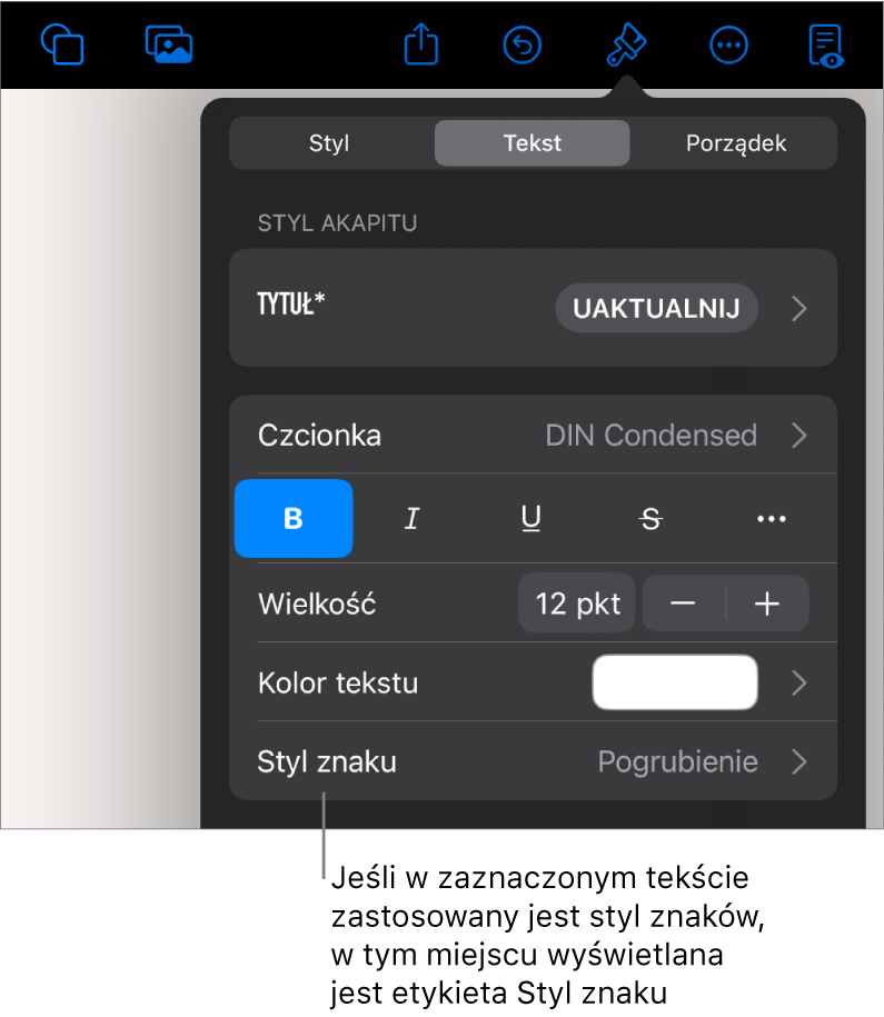 Narzędzia formatowania tekstu oraz menu stylów znaków widoczne poniżej narzędzi koloru. Styl znaków Brak wyświetlany jest z gwiazdką.