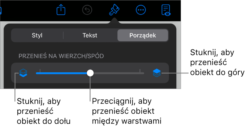 Przycisk przenoszenia niżej, przycisk przenoszenia wyżej i suwak warstw.