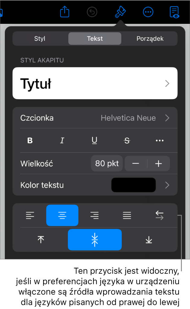 Narzędzia tekstu w menu Format z objaśnieniem wskazującym przycisk Od lewej do prawej.