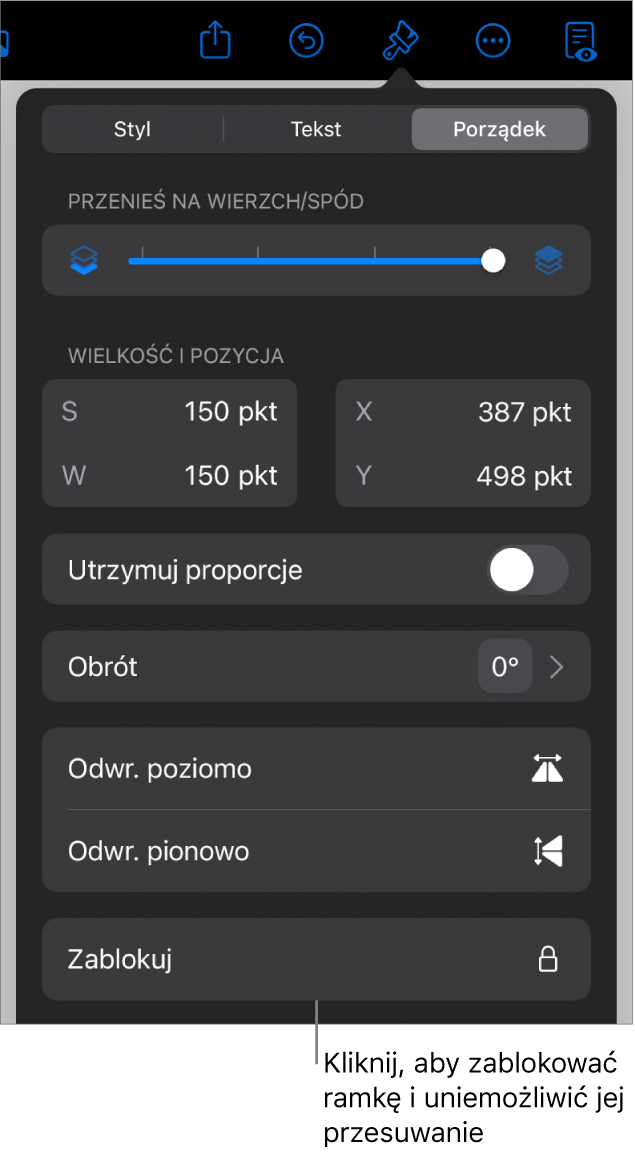 Narzędzia Uporządkuj w menu Format z wyróżnionym przyciskiem Blokuj.