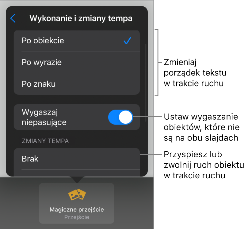 Opcje wykonania oraz zmiany tempa Magicznego przejścia w panelu Zmiany tempa.