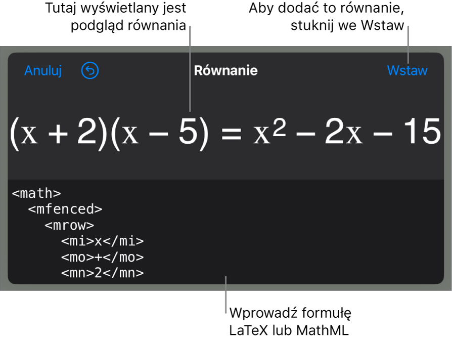 Pole dialogowe Równanie, zawierające równanie zapisane przy użyciu języka MathML. Powyżej widoczny jest podgląd tego równania.