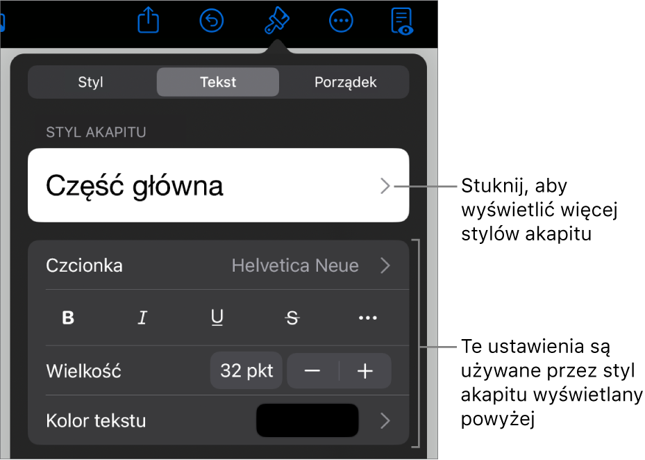 Menu Format z narzędziami tekstu pozwalającymi na ustawianie stylów akapitu, stylów znaków, czcionki, wielkości oraz koloru.