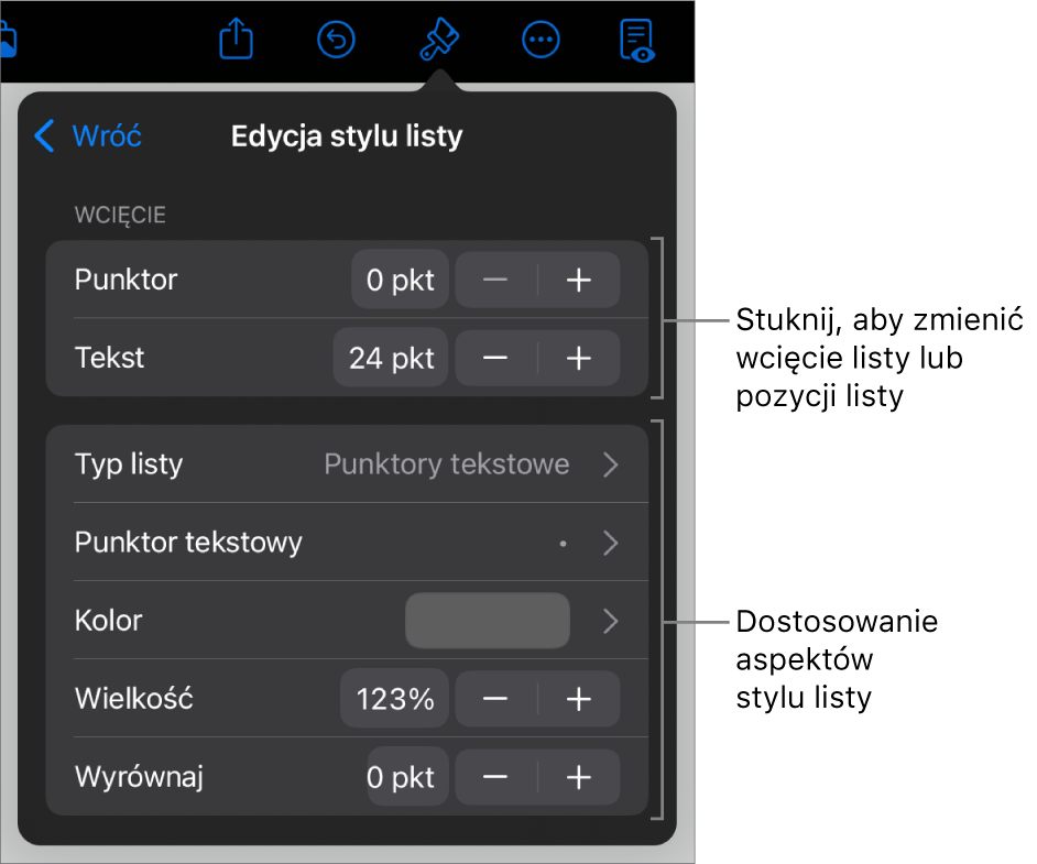 Menu Edycja stylu listy z narzędziami umożliwiającymi edycję typu i wyglądu listy.