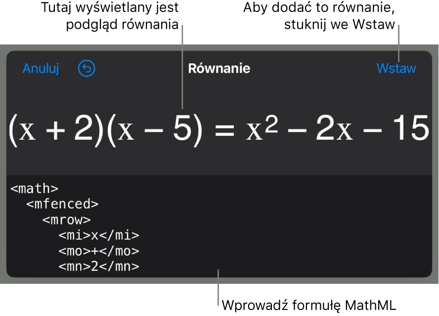 Pole dialogowe Równanie, zawierające równanie zapisane przy użyciu języka MathML. Powyżej widoczny jest podgląd tego równania.