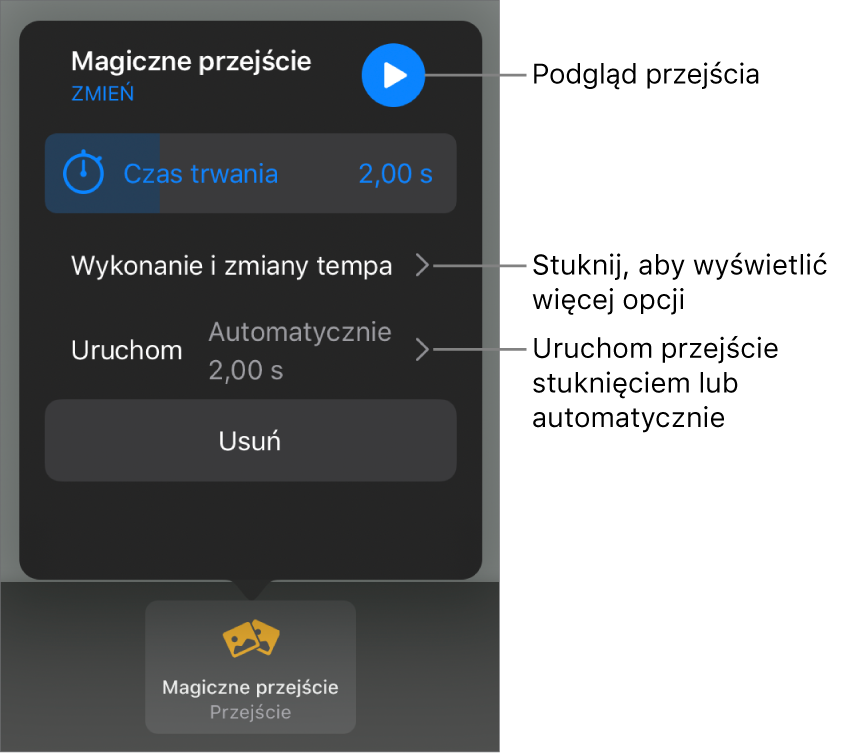 Narzędzia przejścia Magiczne przejście w panelu Przejścia.
