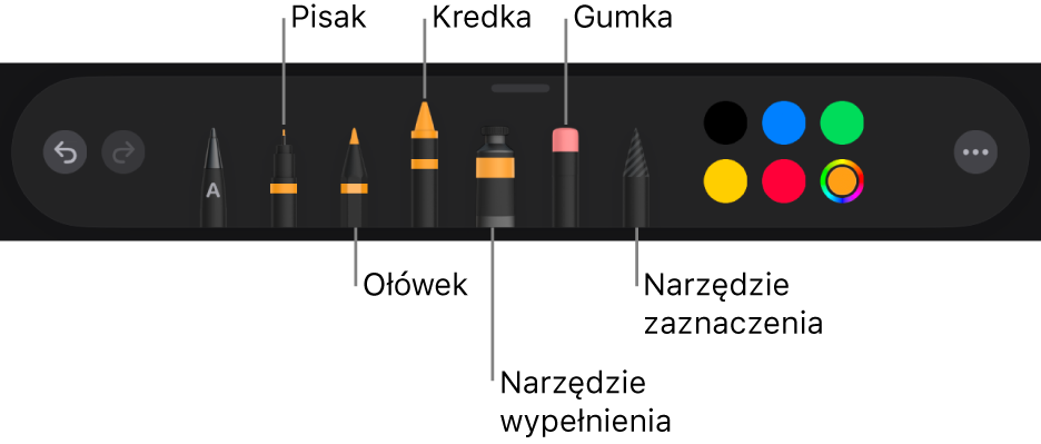 Pasek narzędzi rysowania: pisak, ołówek, kredka, wypełnianie, gumka i zaznaczanie. Oprócz nich widoczna jest także paleta kolorów, zawierająca bieżący kolor.