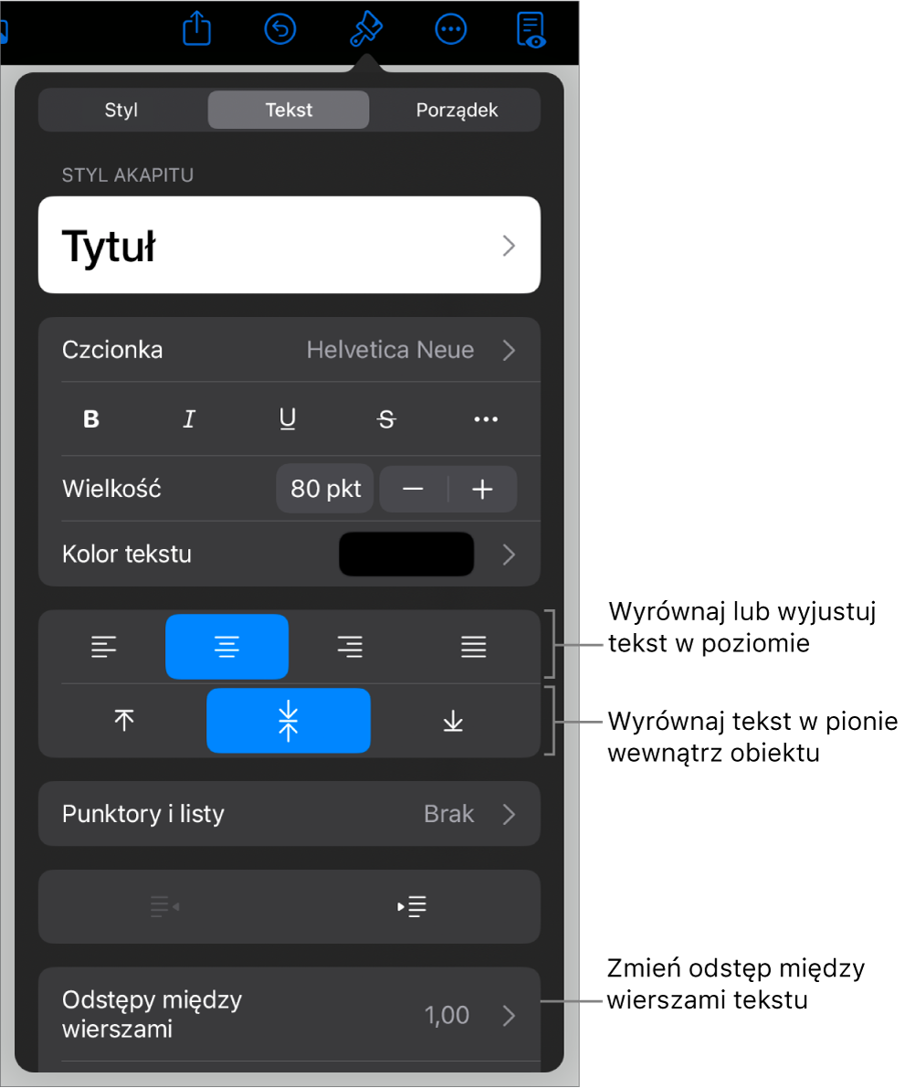 Panel Makieta z opisami wskazującymi przyciski wyrównania i odstępów tekstu.