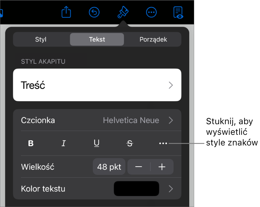 Narzędzia formatowania. Na samej górze widoczne są style akapitu, a poniżej znajdują się narzędzia czcionki. Pod narzędziami czcionki widoczne są przyciski Pogrubienie, Kursywa, Podkreślenie, Przekreślenie oraz Więcej opcji tekstu.