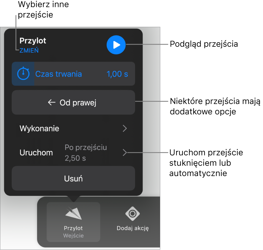 Narzędzia w panelu Opcje służące do modyfikowania przejścia.