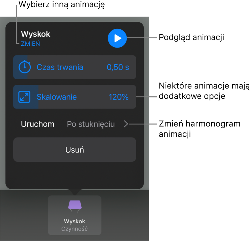 Widoczne są opcje animacji: Czas trwania oraz Rozpoczęcie. Stuknij w Zmień, aby wybrać inną animację. Stuknij w Podgląd, aby zobaczyć podgląd animacji.