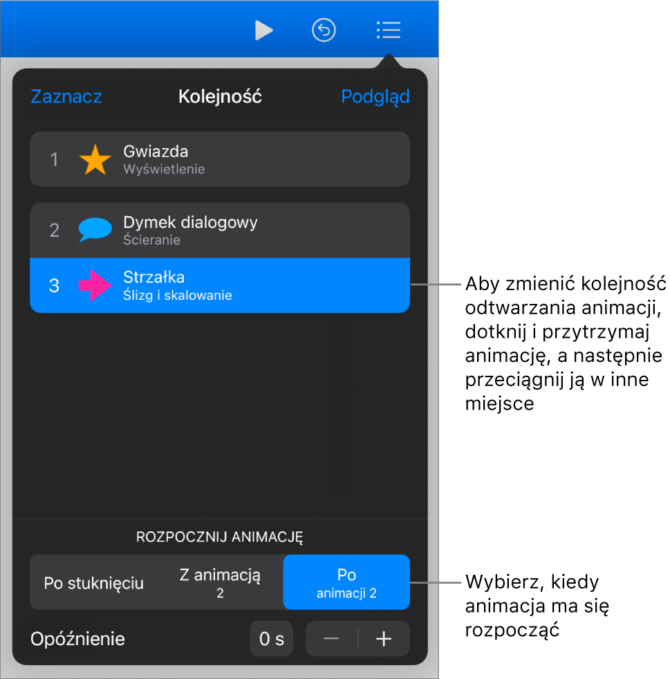Lista kolejności animacji, zawierająca efekty wejścia oznaczone żółtymi etykietami oraz efekty wyjścia oznaczone szarymi etykietami.