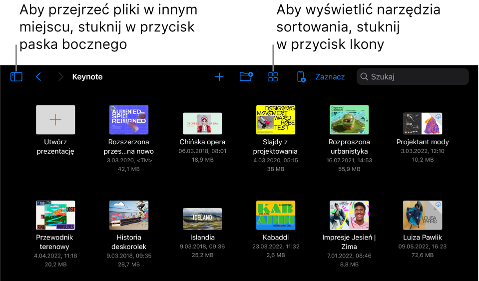 Widok przeglądarki menedżera prezentacji z przyciskiem paska bocznego w lewym górnym rogu. W prawym górnym rogu znajdują się przyciski dodawania, nowego folderu, sortowania (według nazwy, daty, wielkości lub tagu), zaznaczania oraz wyszukiwania. Poniżej widoczne są miniaturki istniejących prezentacji.