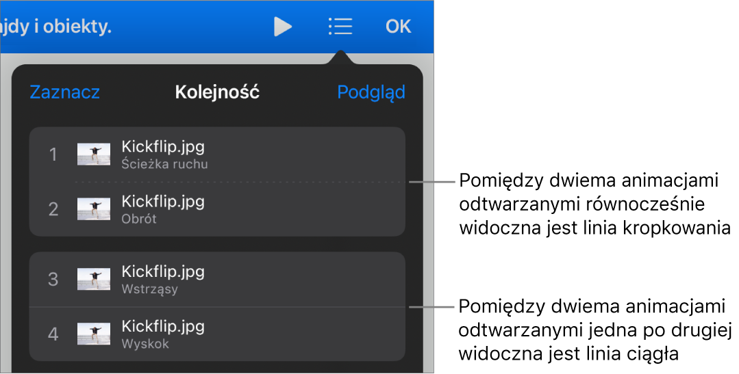 Menu Kolejność animacji z linią kropkowaną widoczną między dwoma animacjami odtwarzanymi jednocześnie oraz linią ciągłą między animacjami odtwarzanymi jedna po drugiej.