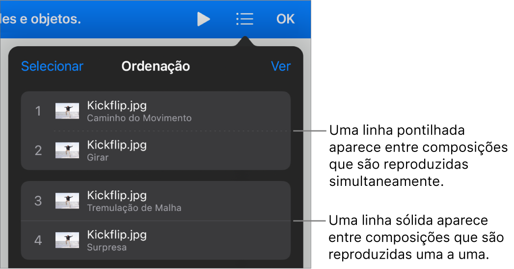 Menu “Ordem de Composição”, com uma linha pontilhada aparecendo entre composições reproduzidas simultaneamente e uma linha sólida entre composições reproduzidas uma a uma.