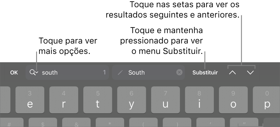 Os controles em Buscar e Substituir acima do teclado, com chamadas para os botões Opções de Busca, Substituir, Ir para Cima e Ir para Baixo.