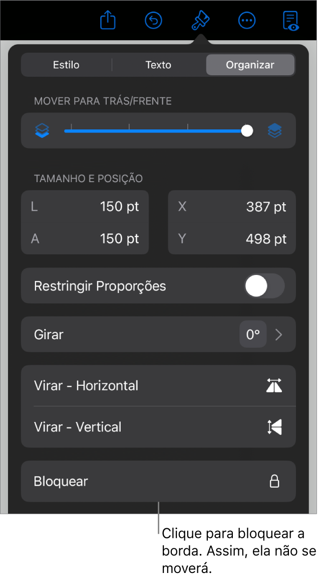 Controles de Organizar no menu Formatar, com o botão Bloquear destacado.