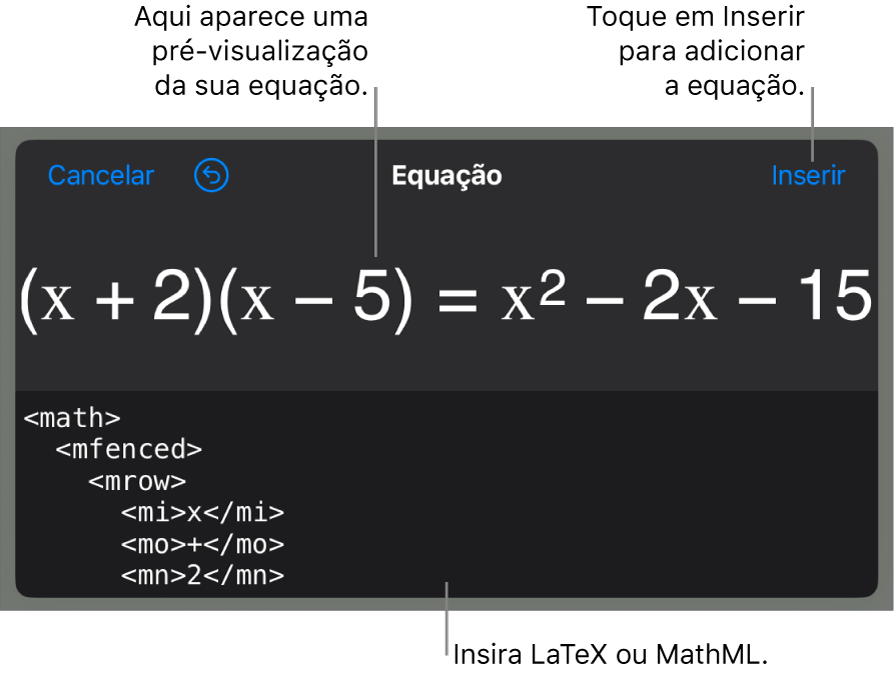 O diálogo de Equação, mostrando uma equação escrita com comandos MathML e uma pré-visualização da fórmula acima.
