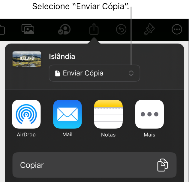 Menu Compartilhar com “Enviar Cópia” selecionado na parte superior.