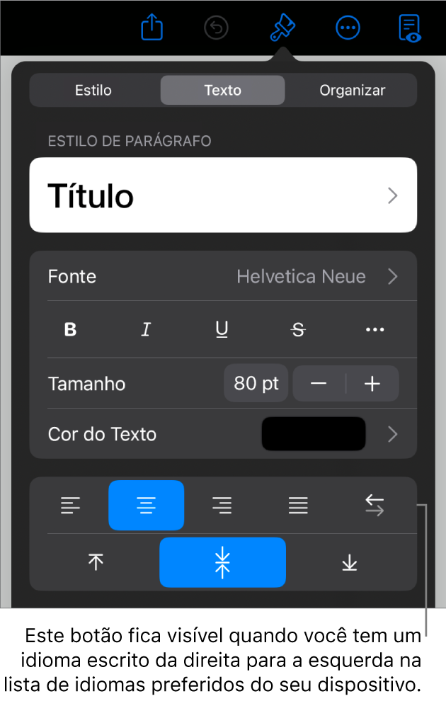 Controles de texto no menu Formatar com uma chamada para o botão da Esquerda para a Direita.