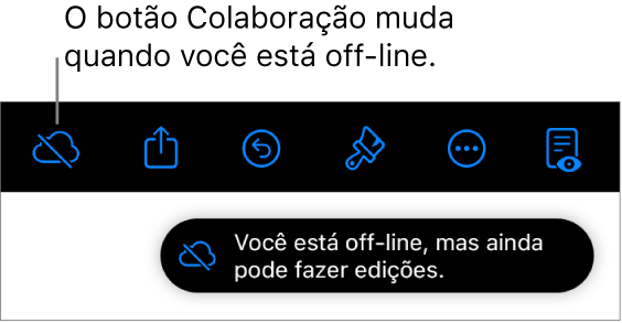 Os botões na parte superior da tela com o botão Colaboração transformado em uma nuvem com uma linha diagonal sobre ela. Alerta na tela informando que “Você está off-line, mas ainda pode fazer edições.”