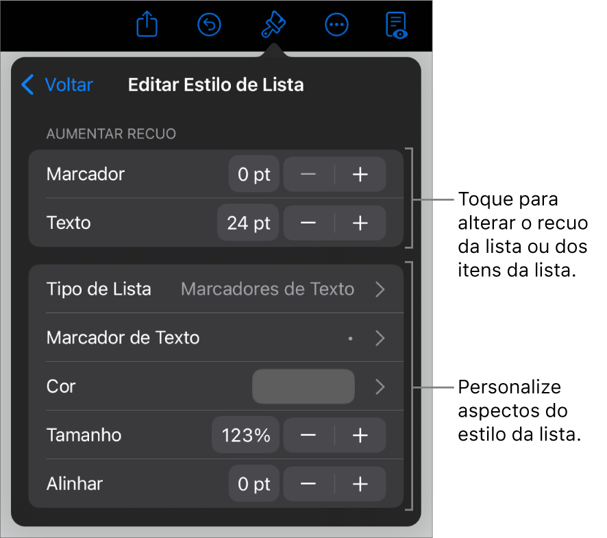 Menu de “Editar Estilo de Lista” com controles para editar o tipo e a aparência da lista.