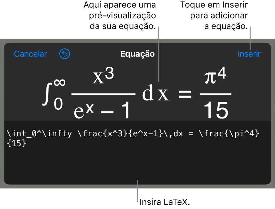 O diálogo de Equação, mostrando uma equação escrita com comandos LaTex e uma pré-visualização da fórmula acima.