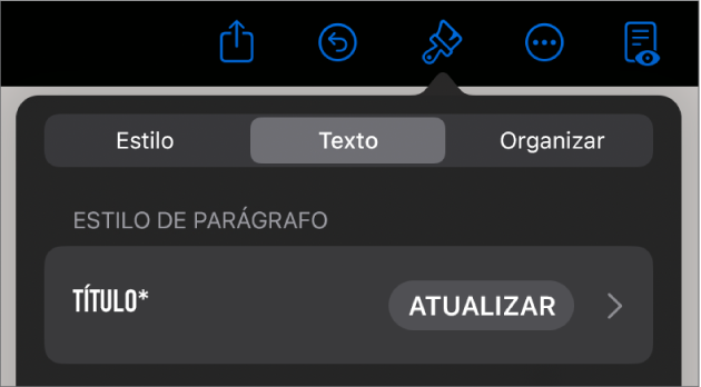 Um estilo de parágrafo com um asterisco ao lado e um botão Atualizar à direita.