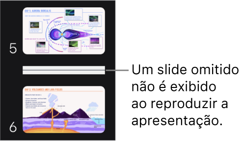 Navegador de slides com um slide omitido exibido como uma linha horizontal.