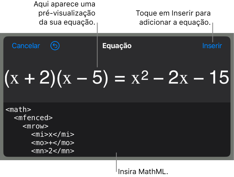 O diálogo de Equação, mostrando uma equação escrita com comandos MathML e uma pré-visualização da fórmula acima.