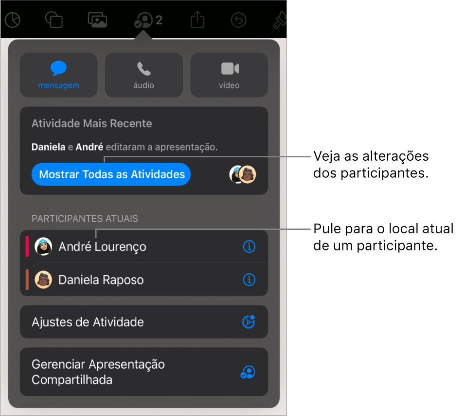 Menu de colaboração com participantes atuais listados.