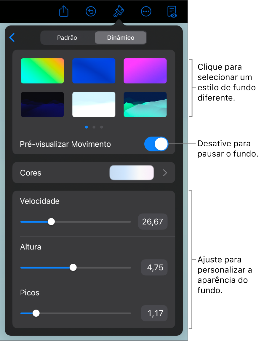 Controles de fundo dinâmico com as miniaturas de estilos de fundo, o botão de pré-visualização do movimento e os controles de personalização sendo mostrados.