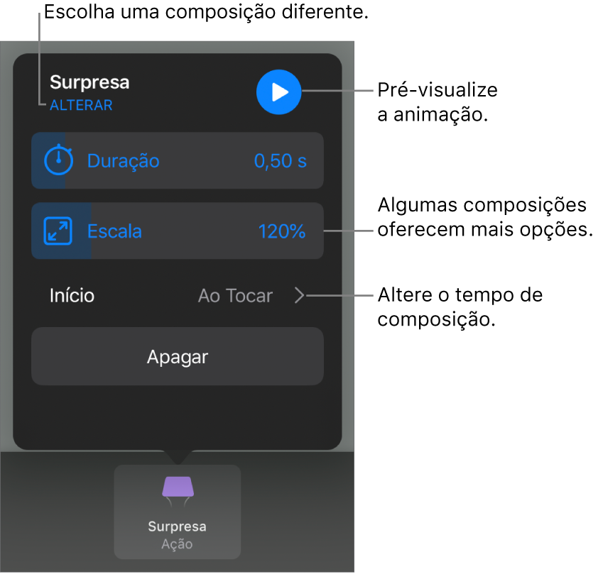 Entre as opções de composição estão Duração e tempo de Início. Toque em Alteração para escolher uma composição diferente ou toque em Pré-visualizar para pré-visualizá-la.