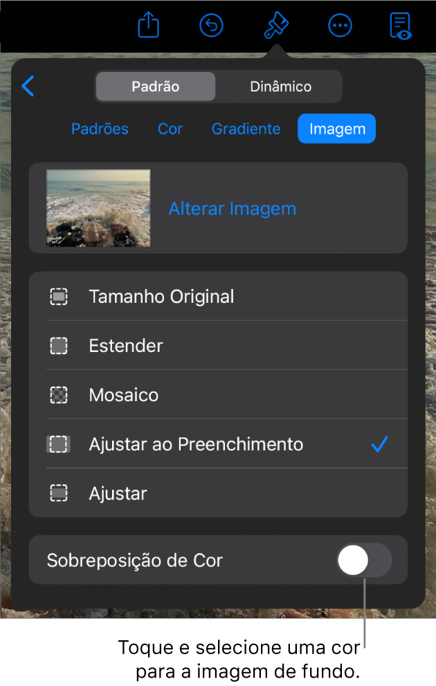 Controles de Fundo com uma imagem definida como fundo do slide e o controle “Sobreposição de Cor” na parte inferior.