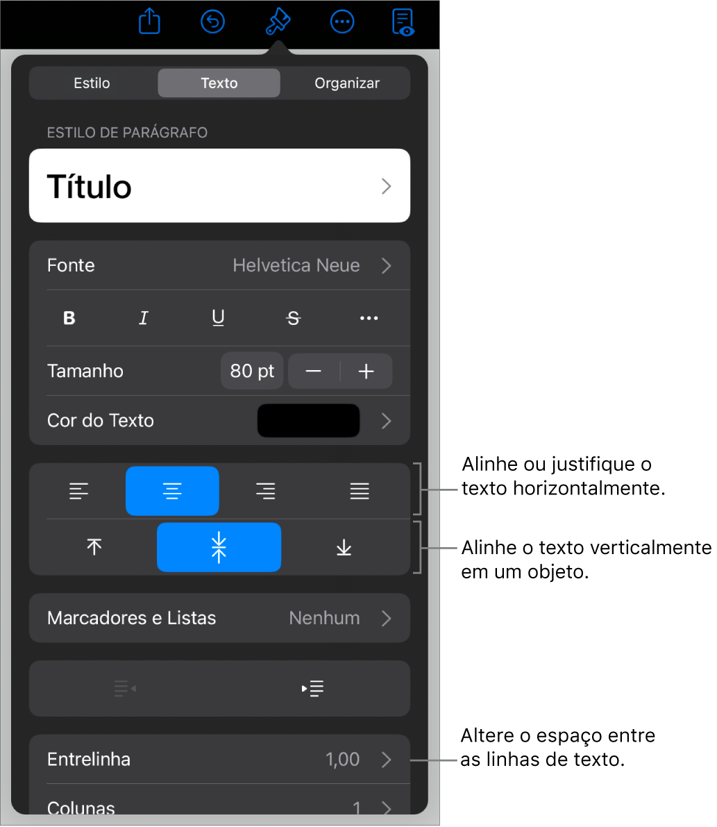 Painel Layout, com chamadas para os botões de alinhamento e espacejamento de texto.
