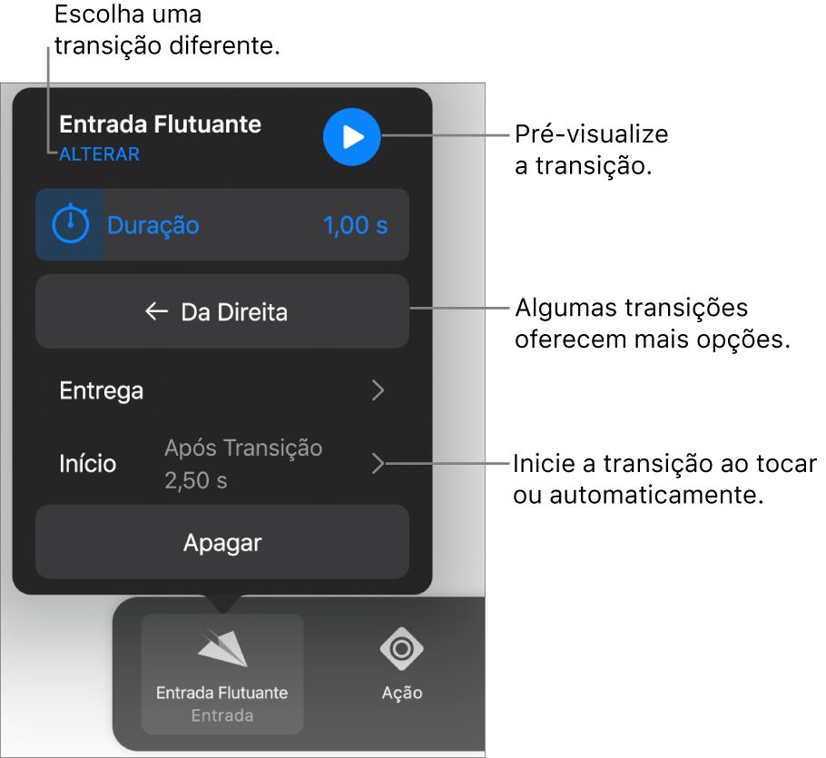 Controles no painel Opções para modificar uma transição.