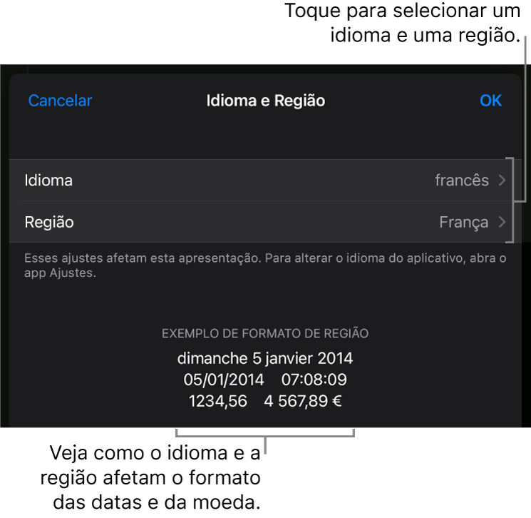 Painel de Idioma e Região com controles para idioma e região e um exemplo de formatação, incluindo data, hora, decimal e moeda.