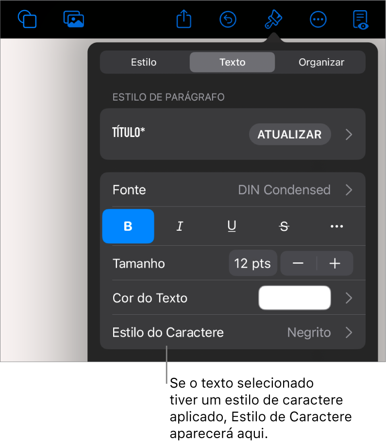 Os controles de formatação de texto com “Estilo de Caractere” abaixo dos controles de cor. O estilo de caractere Nenhum aparece com um asterisco.