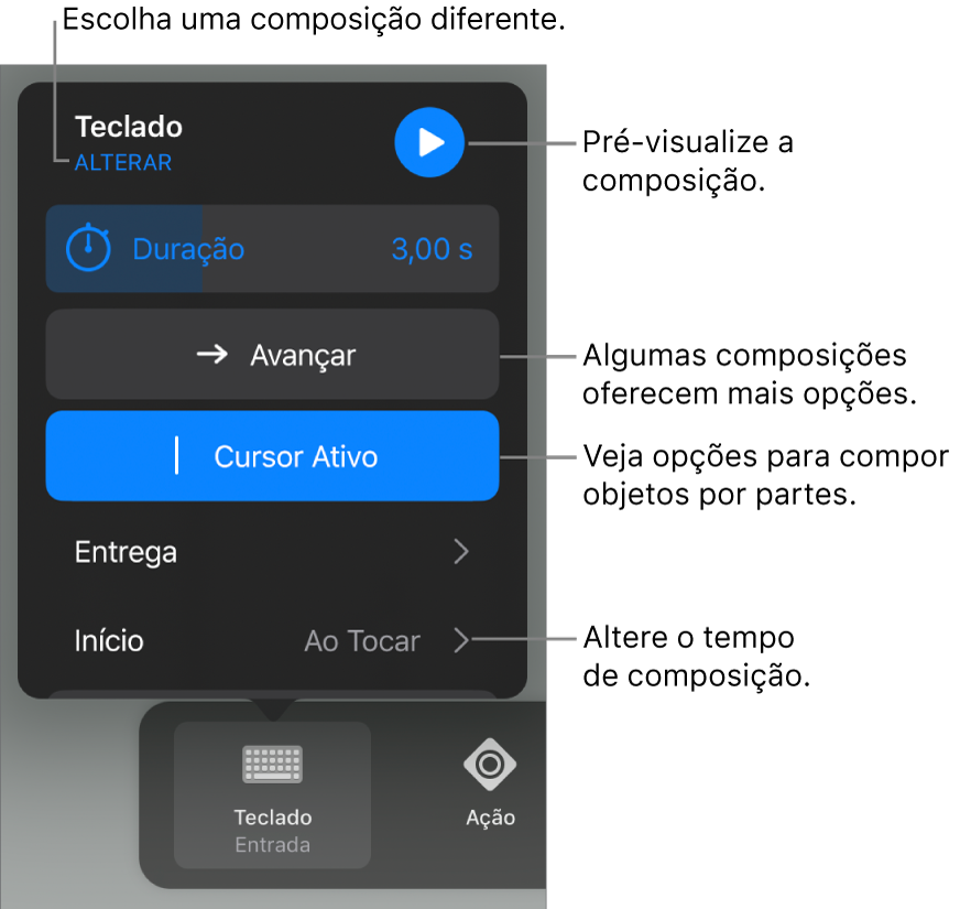 Entre as opções de composição estão os tempos de Duração, Distribuição e Início. Toque em Alteração para escolher uma composição diferente ou toque em Pré-visualizar para pré-visualizá-la.