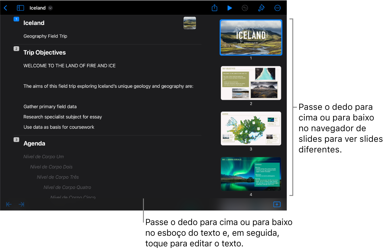 Visualização de esboço com o contorno de texto do lado esquerdo da tela e o navegador de slides vertical à direita.