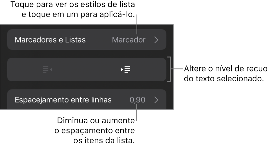 Seção “Marcadores e Listas” dos controles de Formatação, com chamadas para “Marcadores e Listas”, botões para aumentar ou diminuir o recuo e controles de entrelinha.
