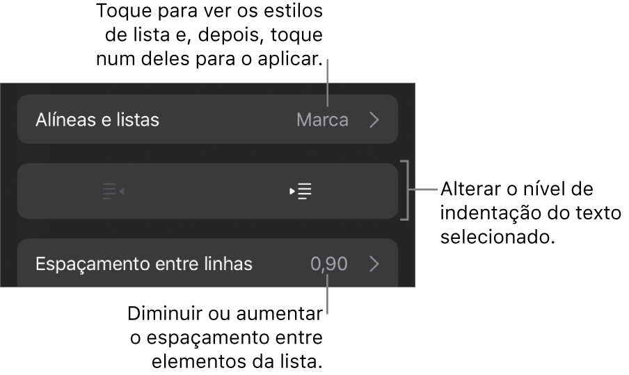 A secção “Marcas e listas” dos controlos de Formatação com chamadas para “Marcas e listas”, botões de remover indentação e de indentação e controlos de espaçamento.