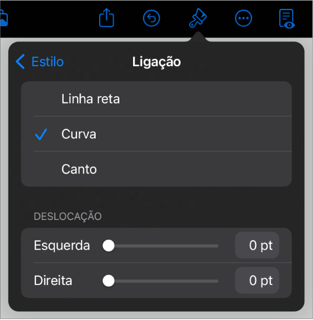 Os controlos de Ligação com Curva selecionada.