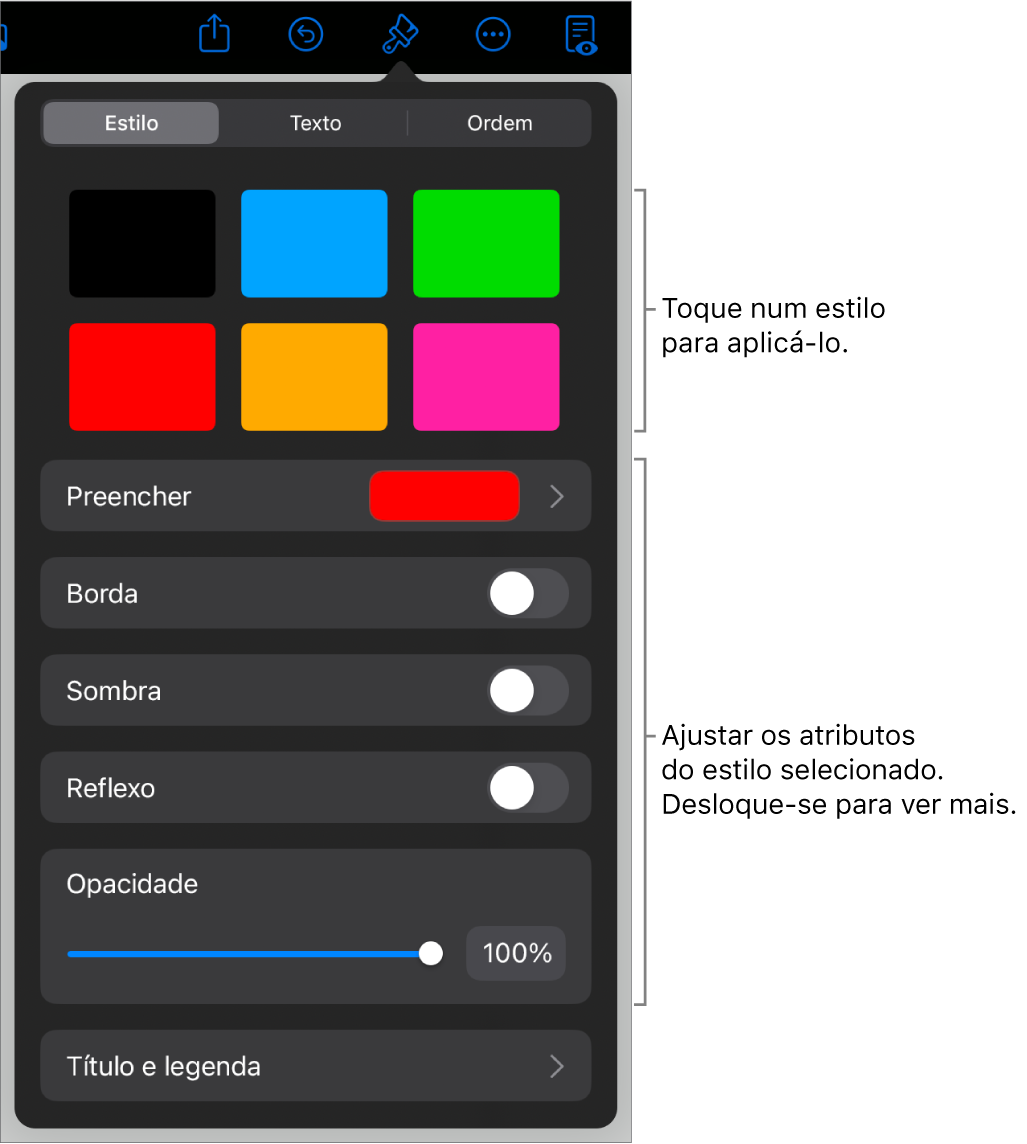 O separador Estilo do menu Formatação com estilos de objeto na parte superior e controlos por baixo para alterar o contorno, sombreado, reflexo e opacidade.