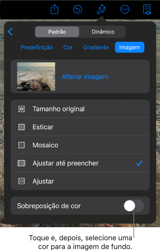 Os controlos de fundo, com uma imagem definida como o fundo do diapositivo e o controlo “Sobreposição de cor” na parte inferior.